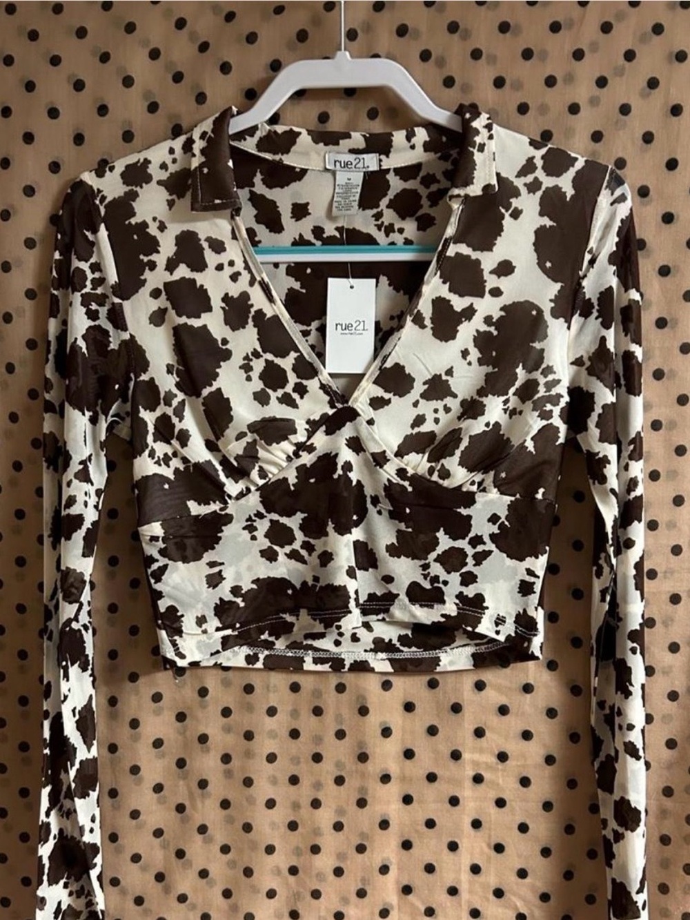 rue21 Brown and White Cow Print Long-Sleeve Crop Top
